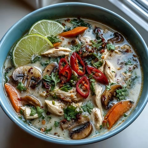 Thai Coconut Curry Soup Bowl topped with fresh cilantro and sliced chili, garnished with lime wedges and spring onions for a bright finish.
