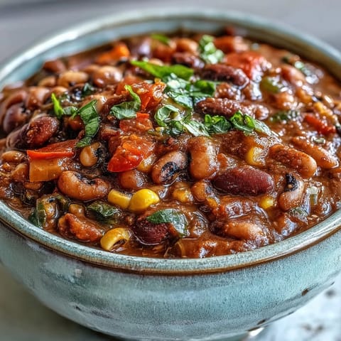 A hearty pot of Black-Eyed Pea Chili simmers with aromatic cumin and paprika, garnished with fresh cilantro.