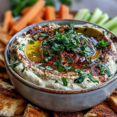 Spreader of vegan Black-Eyed Pea Hummus alongside cucumbers, carrots, and warm pita triangles.