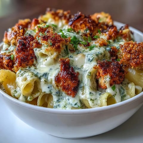 Golden brown panko topping covers Baked Pesto Chicken Mac & Cheese, with bubbly cheese peeking through. 