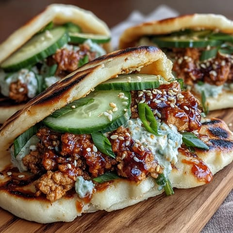 Golden-brown naan pockets overflowing with savory Korean turkey filling and creamy gochujang mayo.