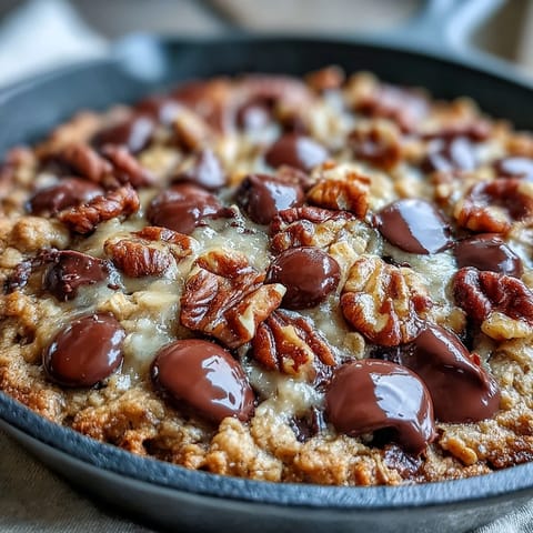 Freshly baked Chunky Monkey Oatmeal Cookie Skillet with golden edges and a soft center in a cast-iron pan.