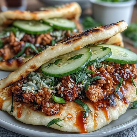 Freshly assembled Korean Turkey Stuffed Naan Pockets displayed on a plate with lime wedges and shredded carrots for a vibrant fusion meal.