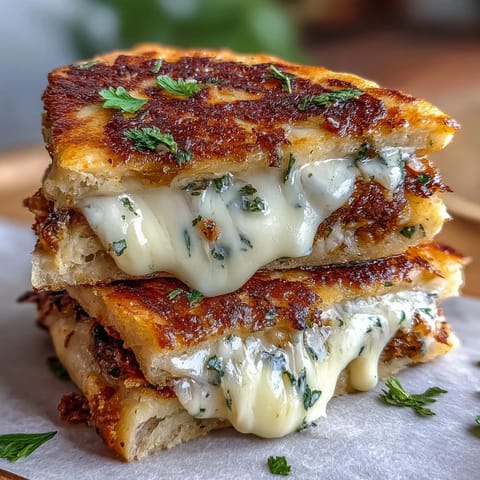 Golden-brown Butter Garlic Naan Grilled Cheese slices oozing melted mozzarella on a rustic wooden board.