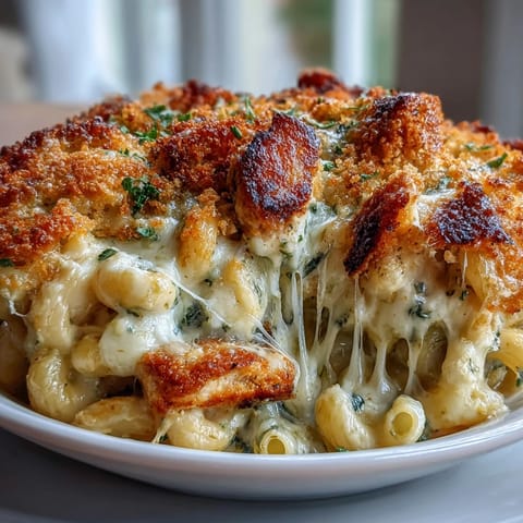 Golden-brown Baked Pesto Chicken Mac & Cheese casserole fresh from the oven with bubbling cheese and herbs.