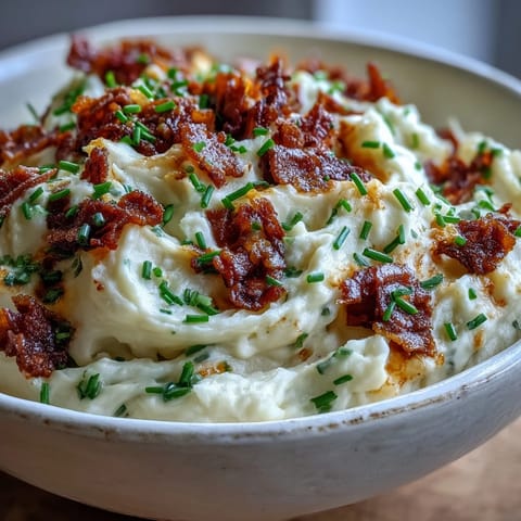 Creamy Keto Bacon and Cheddar Cauliflower Mash served warm in a rustic bowl, garnished with fresh chives and extra crispy bacon crumbles.