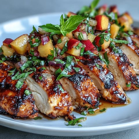 Tender grilled chicken breasts topped with sweet and savory diced peach basil salsa, ready to be enjoyed.