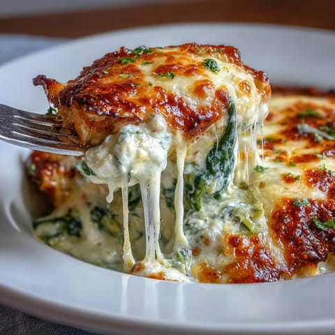 Keto spinach artichoke chicken bake with tender chicken breasts smothered in creamy spinach and artichoke topping, baked until golden and bubbly.