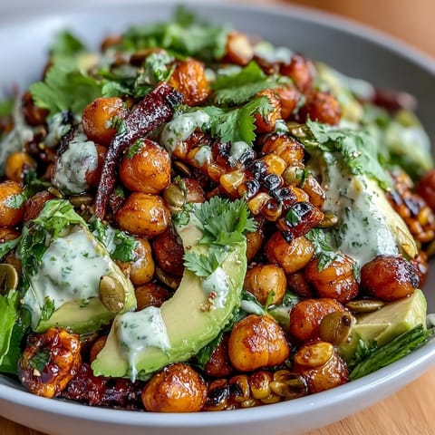 Vibrant vegan chili lime street corn salad with chickpeas, charred corn, and zesty lime dressing in a colorful bowl.