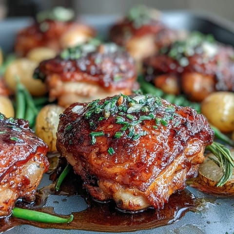 Juicy chicken thighs, tender baby potatoes, and crisp green beans baked together on one sheet pan with sweet and savory honey garlic sauce.  