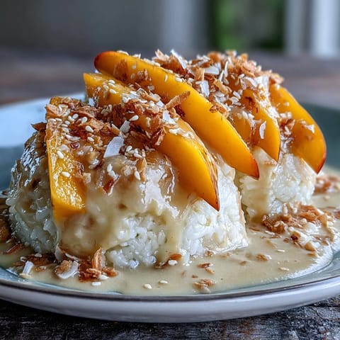 Vibrant mango sticky rice dessert with creamy coconut milk-infused sticky rice and fresh mango slices.  