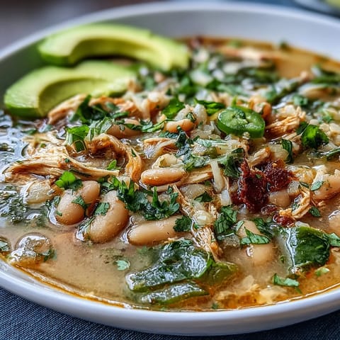 Hearty bowl of white bean chicken chili with tender shredded chicken and creamy cannellini beans.