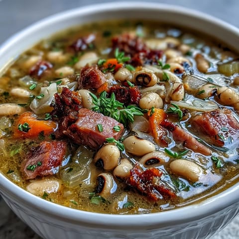 A steaming bowl of ham and black-eyed pea soup, rich with tender legumes and smoky diced ham, perfect for New Year's luck.