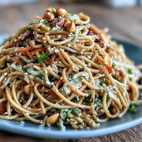 Close-up of colorful Asian Sesame Noodle Salad with Peanut Dressing, showcasing crisp red cabbage, carrots, bell pepper, and creamy peanut dressing coating tender noodles.  