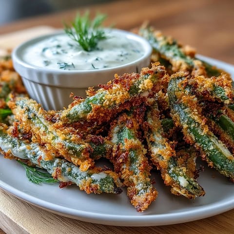 Crispy air fryer green bean fries golden and crunchy, served with creamy homemade ranch yogurt dip.  