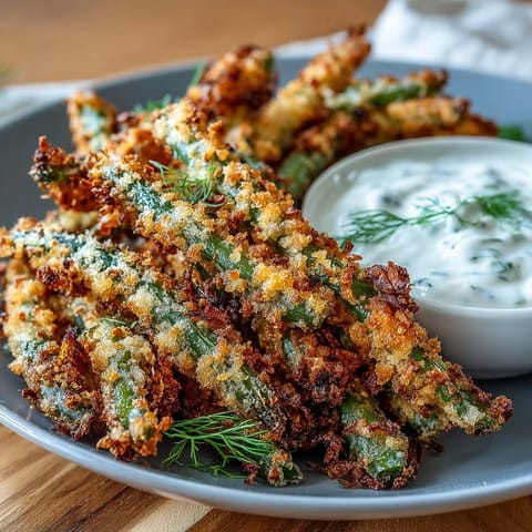Healthy green bean fries coated in Parmesan and panko, paired with zesty dill ranch dip for dipping.  