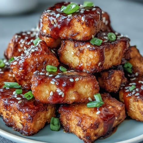 Golden crispy tofu nuggets coated in sweet chili sauce, perfect for a flavorful vegan appetizer or snack.  