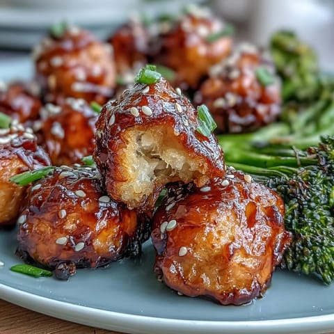 Golden air fryer honey garlic chicken bites glazed in sweet savory sauce, served with crisp tender broccoli florets.  