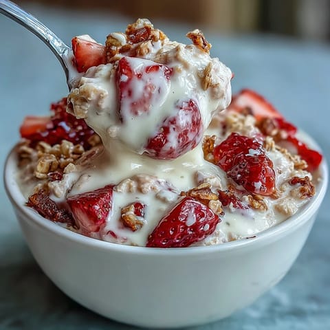 Creamy strawberry shortcake overnight oats with vanilla yogurt and fresh berries in a glass jar, perfect for a refreshing make-ahead breakfast.