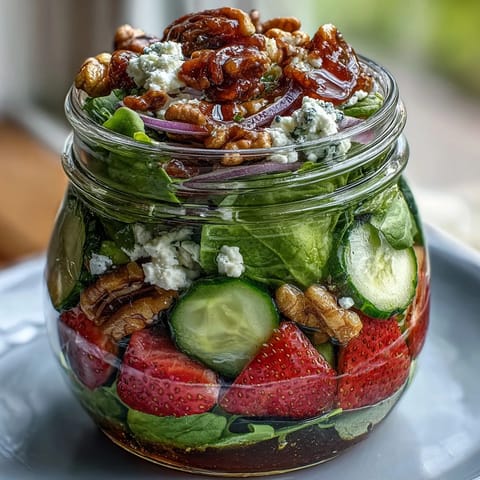 Fresh layered picnic jar salad with strawberries, goat cheese, and mixed greens—ideal for outdoor meals.  