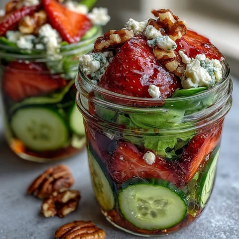 Vibrant strawberry and goat cheese salad jar layered with nuts, cucumber, and balsamic dressing.  