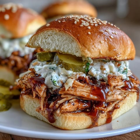 Mouthwatering BBQ pulled chicken sliders piled high with tender meat and tangy slaw on soft slider buns.  