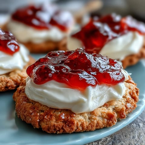 Clotted cream and strawberry jam thumbprint cookies with golden edges and vibrant red jam centers, perfect for a British-inspired teatime treat.