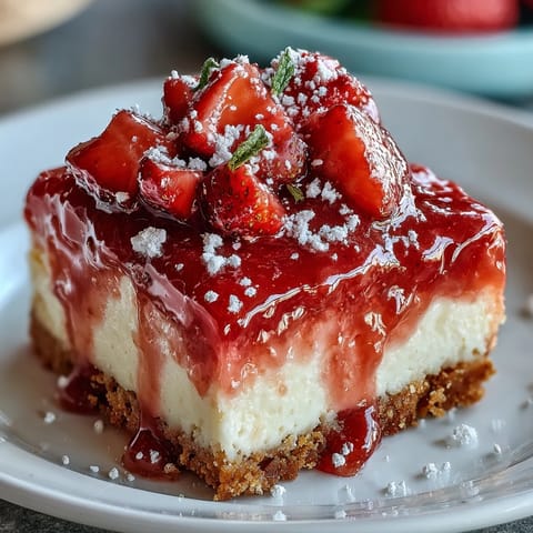 Tangy strawberry lemonade bars with a golden shortbread crust, dusted with powdered sugar for a sweet spring dessert.