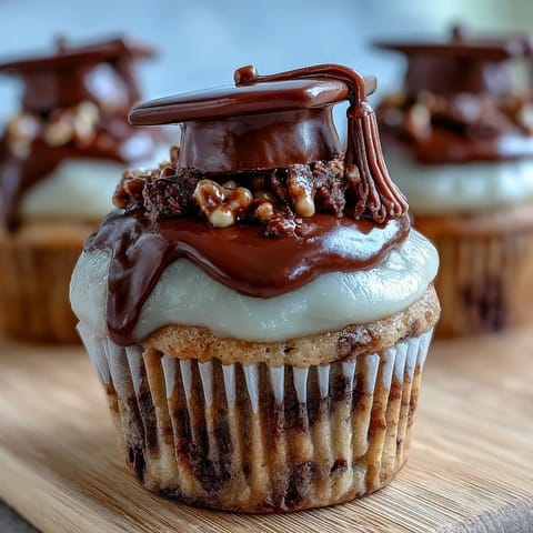 Simple Graduation Cupcakes with Cap Toppers: festive vanilla cupcakes topped with buttercream frosting and adorable edible chocolate graduation caps.