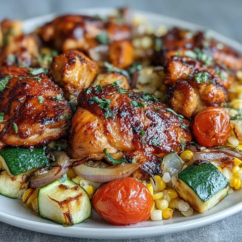 Sheet Pan Chicken with Zucchini and Corn, a colorful one-pan dinner with juicy chicken, sweet corn, and tender zucchini roasted to perfection.