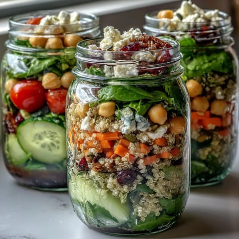 Layered mason jar salads packed with fresh greens, quinoa, and vibrant veggies for a healthy meal prep.