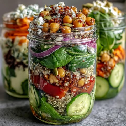 Colorful, nutrient-dense mason jar salads with cherry tomatoes, chickpeas, and protein for a satisfying lunch.