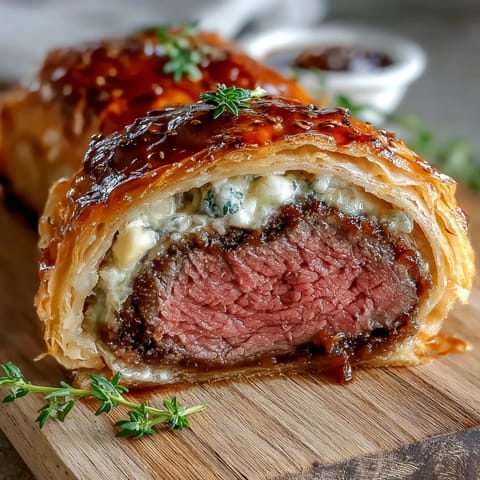 Individual Beef Wellington with golden puff pastry, tender seared filet, and rich mushroom duxelles filling.