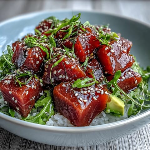 Vibrant spring poke bowl featuring marinated tuna, crisp vegetables, and sesame-garnished rice.