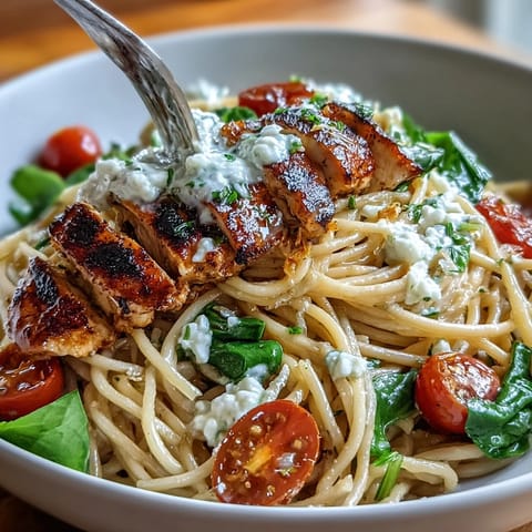 High Protein Pasta Bowl featuring tender chicken, wilted spinach, and cottage cheese for a nourishing, protein-rich meal.  