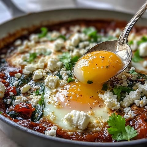 Spinach and feta shakshuka with poached eggs in a spiced tomato sauce, garnished with fresh herbs.  