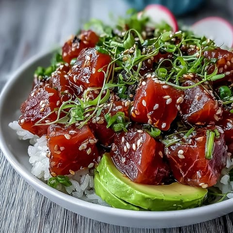 Fresh tuna poke bowl with cucumber, radish, avocado, and ponzu sauce over sushi rice.