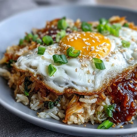 Spicy kimchi cabbage fried rice with tangy kimchi, crisp vegetables, and a fried egg—vibrant, savory, and satisfying.  