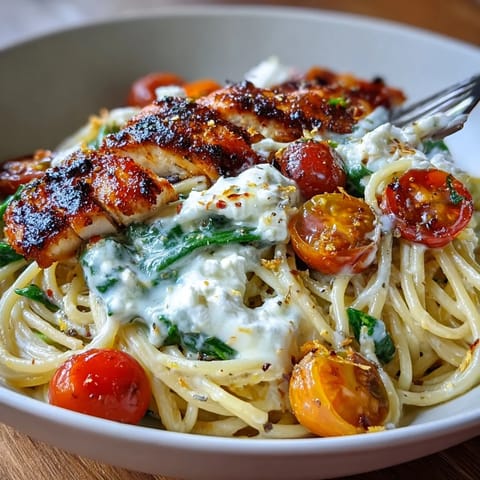 High Protein Pasta Bowl with grilled chicken, cottage cheese, and spinach in a creamy, satisfying dish.  