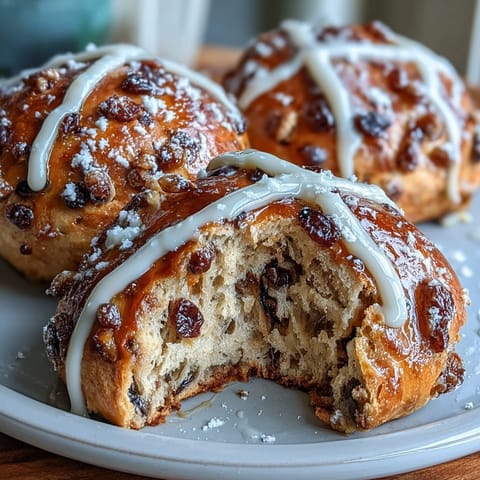 Soft, golden hot cross buns with a sweet glaze and traditional cross, filled with plump raisins and warm spices. Perfect for Easter morning.