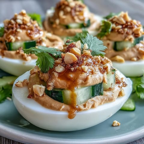Thai Peanut Deviled Eggs with Cucumber Relish: Creamy deviled eggs infused with spicy peanut sauce, topped with a fresh cucumber relish for a vibrant appetizer.