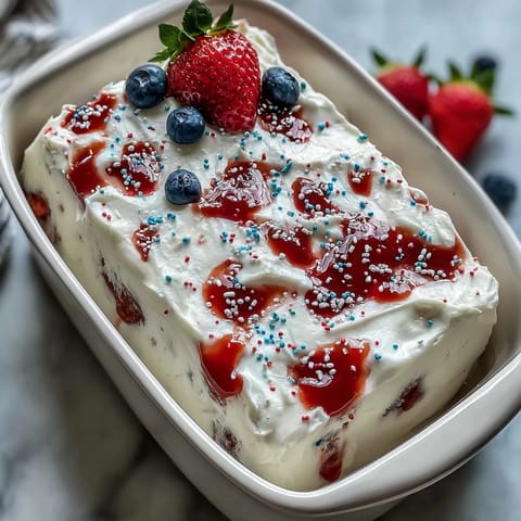 Festive red and blue gelatin swirls through white cake, topped with whipped topping and patriotic sprinkles for Memorial Day.  
