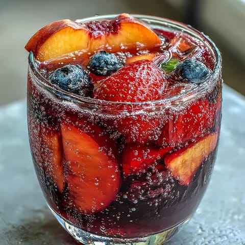 Refreshing, colorful peach and berry sangria mocktail served chilled with ice.