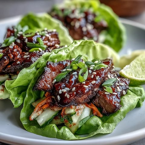 Juicy, caramelized Korean BBQ beef fills crisp lettuce cups with tangy kimchi topping.
