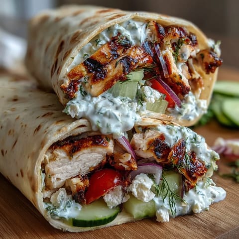 Juicy grilled chicken wraps bursting with cooling tzatziki and Mediterranean flavors.