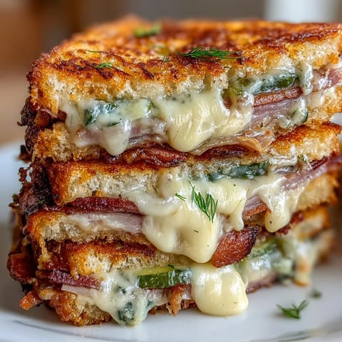 Golden brown Cuban Sandwich Grilled Cheese oozing melted Swiss cheese between bread.