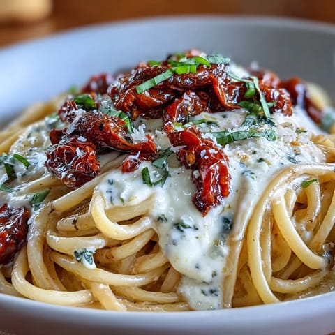 Creamy Marry Me Pasta with sun-dried tomatoes, garnished with fresh basil.