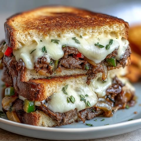 Golden Philly Cheesesteak Grilled Cheese bursting with melted provolone and tender steak.
