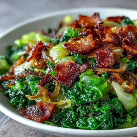 Southern-style fried cabbage with bacon and onions, tender and browned.