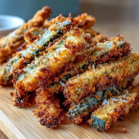 Golden, crispy Parmesan zucchini fries baked to perfection, ready for dipping.